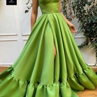 New A-Line Sweetheart Green Satin Long Prom Evening Dresses with Split,Formal Party Dresses，696 - Thumbnail 2