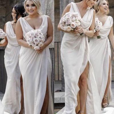 Sheath v neck ivory chiffon long bridesmaid dresses,699