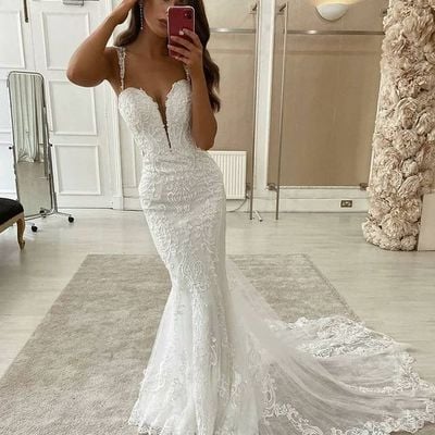 Mermaid v neck white lace wedding dress bride dress 2022,700 - Thumbnail 2