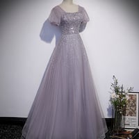 Purple tulle beads long prom dress A line evening gown - Thumbnail 1