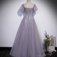 Purple tulle beads long prom dress A line evening gown - Thumbnail 2