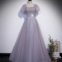 Purple tulle beads long prom dress A line evening gown - Thumbnail 4