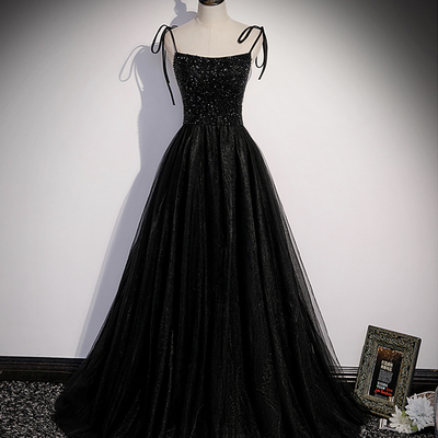 Black tulle beads long prom dress black evening gown - Thumbnail 2
