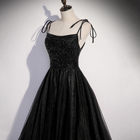 Black tulle beads long prom dress black evening gown - Thumbnail 2