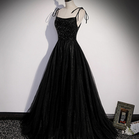Black tulle beads long prom dress black evening gown - Thumbnail 1
