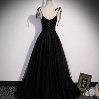 Black tulle beads long prom dress black evening gown - Thumbnail 3