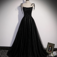 Black tulle beads long prom dress black evening gown - Thumbnail 4