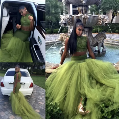 Grass green prom dresses two piece mermaid style - Thumbnail 4