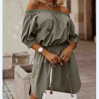 Women's army green one-shoulder dress - Thumbnail 1