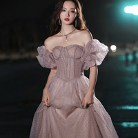 Pink tulle long prom dress pink evening dress - Thumbnail 4