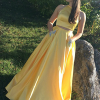 SP1190,Simple Yellow Sleeveless Beaded Two Piece Prom Dress With Pockets - Thumbnail 1