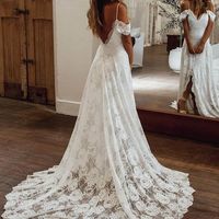 Bohemian A Line Off the Shoulder Slit Lace Wedding Dress, Beach Bridal Dresses,702 - Thumbnail 2