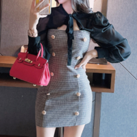 Female Slim Temperament Bird Lattice Bag Hip Dress - Thumbnail 2