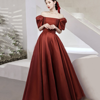 Burgundy tulle long prom dress A line evening gown - Thumbnail 1