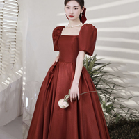 Burgundy tulle long prom dress A line evening gown - Thumbnail 2