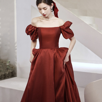 Burgundy tulle long prom dress A line evening gown - Thumbnail 3