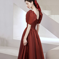 Burgundy tulle long prom dress A line evening gown - Thumbnail 4