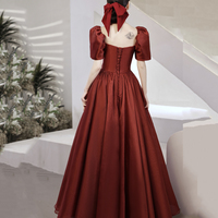 Burgundy tulle long prom dress A line evening gown - Thumbnail 5