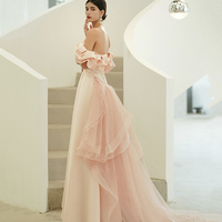 Pink satin tulle long prom dress A line evening dress - Thumbnail 2