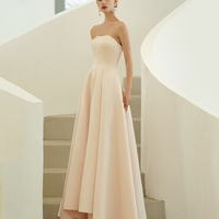 Pink satin tulle long prom dress A line evening dress - Thumbnail 3