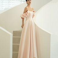 Pink satin tulle long prom dress A line evening dress - Thumbnail 4