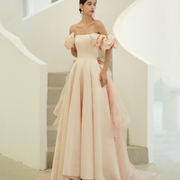 Pink satin tulle long prom dress A line evening dress - Thumbnail 6