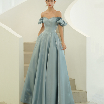 Blue satin long a line prom dress blue evening dress - Thumbnail 3