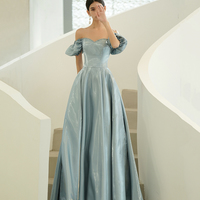 Blue satin long A line prom dress blue evening dress - Thumbnail 1