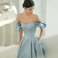 Blue satin long A line prom dress blue evening dress - Thumbnail 2