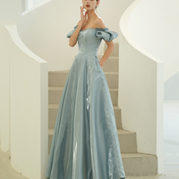 Blue satin long A line prom dress blue evening dress - Thumbnail 3