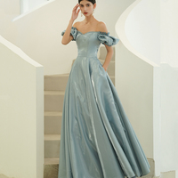 Blue satin long A line prom dress blue evening dress - Thumbnail 5