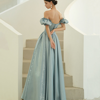 Blue satin long A line prom dress blue evening dress - Thumbnail 7