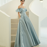 Blue satin long A line prom dress blue evening dress - Thumbnail 6