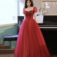 Burgundy tulle beads long prom dress evening gown - Thumbnail 1