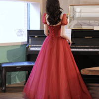 Burgundy tulle beads long prom dress evening gown - Thumbnail 2