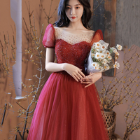 Burgundy tulle beads long prom dress evening gown - Thumbnail 3