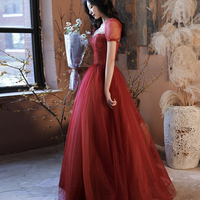 Burgundy tulle beads long prom dress evening gown - Thumbnail 4