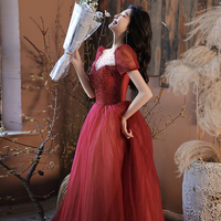 Burgundy tulle beads long prom dress evening gown - Thumbnail 6