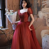 Burgundy tulle beads long prom dress evening gown - Thumbnail 5