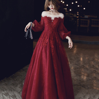 Burgundy lace long prom dress A line evening dress - Thumbnail 1