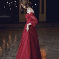 Burgundy lace long prom dress A line evening dress - Thumbnail 3