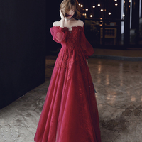 Burgundy lace long prom dress A line evening dress - Thumbnail 2