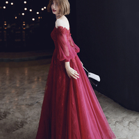 Burgundy lace long prom dress A line evening dress - Thumbnail 4