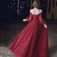 Burgundy lace long prom dress A line evening dress - Thumbnail 5