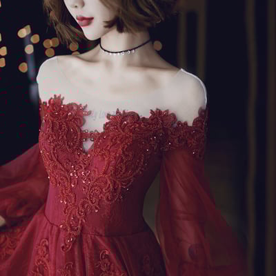 Burgundy lace long prom dress a line evening dress - Thumbnail 2