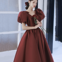 Burgundy v neck satin long prom gown A line formal gown - Thumbnail 4