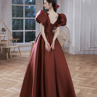 Burgundy v neck satin long prom gown A line formal gown - Thumbnail 2