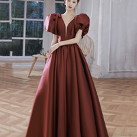 Burgundy v neck satin long prom gown A line formal gown - Thumbnail 3