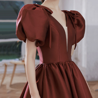 Burgundy v neck satin long prom gown A line formal gown - Thumbnail 1