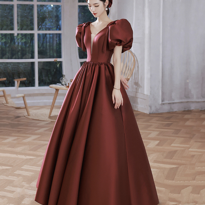 Burgundy v neck satin long prom gown a line formal gown